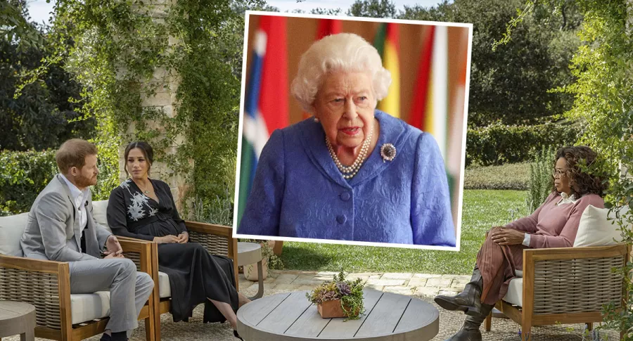 Meghan Markle y el príncipe Harry en entrevista con Oprah Winfrey que será transmitida este 7 de marzo, y que no será vista por la reina Isabel II (recuadro).