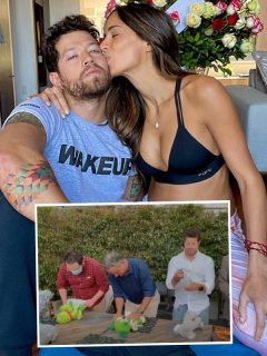 Foto de Instagram de Valerie Domínguez y Juan David ‘el Pollo’ Echeverry, quienes celebraron el ‘baby shower’ de su hijo, Thiago, con fiesta que incluyó hasta carrera de cambio de pañales (recuadro).