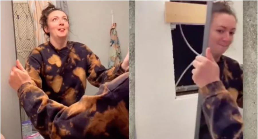 Capturas de pantalla de videos virales de Samantha Hartsoe en tiktok: descubrió aparatamento entero detrás de espejo de su baño