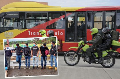 Policía antidisturbios escolta un bus de Transmilenio durante protesta en el sur de Bogotá / Venezolanos detenidos y expulsados del país por robar en Transmilenio.