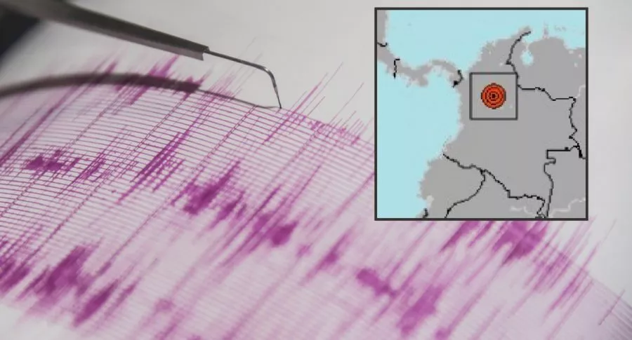 Sismógrafo y mapa de Colombia que confirma que epicentro de temblor de hoy 14 de marzo en Colombia fue Puerto Berrío, Antioquia.
