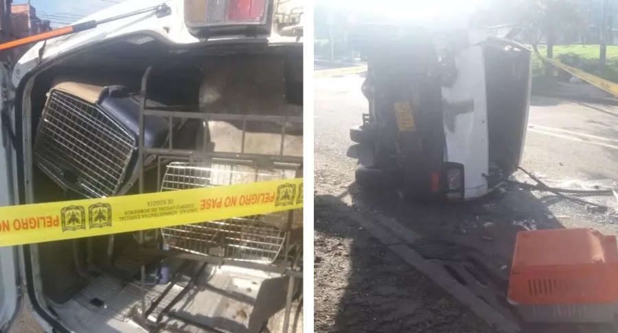 Imagen de camioneta accidentada; en Bogotá, una camioneta que llevaba perros se volcó y animales salieron corriendo