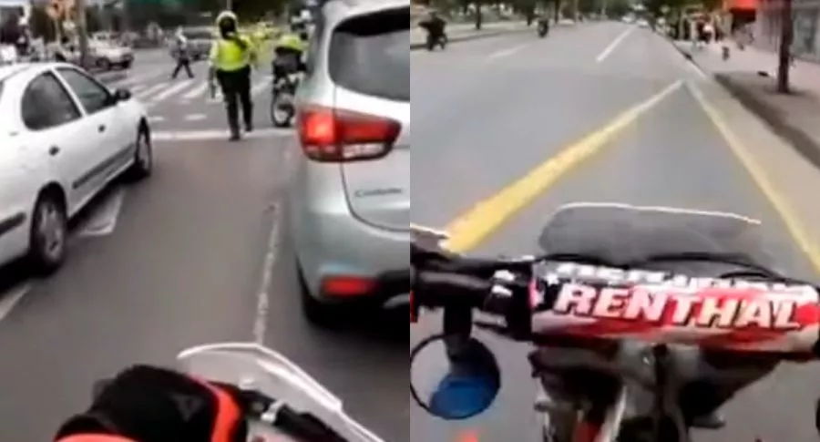 Motociclista se burla de un policía armado en Bogotá.