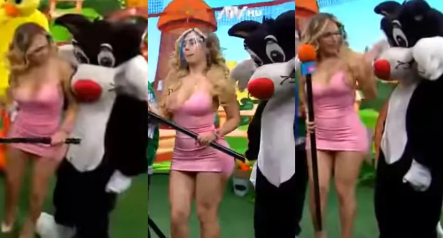 Persona disfrazada acosa a modelo peruana durante programa de televisión.