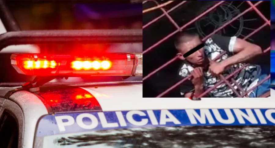 Patrulla de policía y ladrón en México que quedó atrapado en reja de casa que pretendía robar