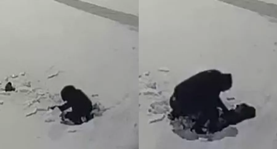 Capturas de pantalla de video viral en Rusia de niño de 5 años de Rusia que sobrevive al caer a la nieve desde un piso 12