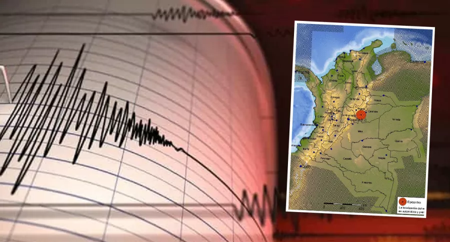 Montaje con imagen de referencia de registro de un sismógrafo e imagen de un mapa de Colombia con marca roja en el municipio de Páez, Boyacá, epicentro de temblor de magnitud 4 reportado este Domingo de Ramos.
