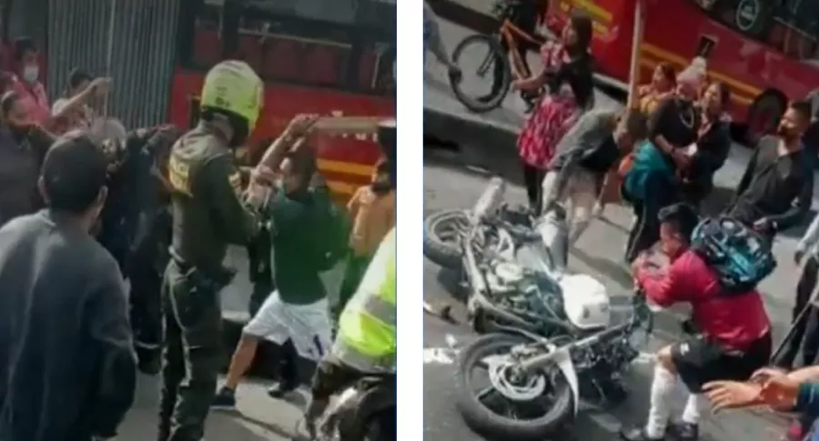 Imagen del momento en que indígenas golpearon a motociclista que atropelló a un niño, en Bogotá