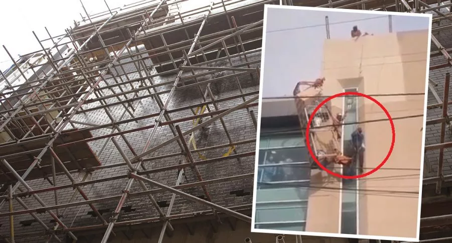 Montaje con foto de referencia de andamios en obra y captura de pantalla de video de obreros colgando de cable tras falla en andamio, en Barranquilla.