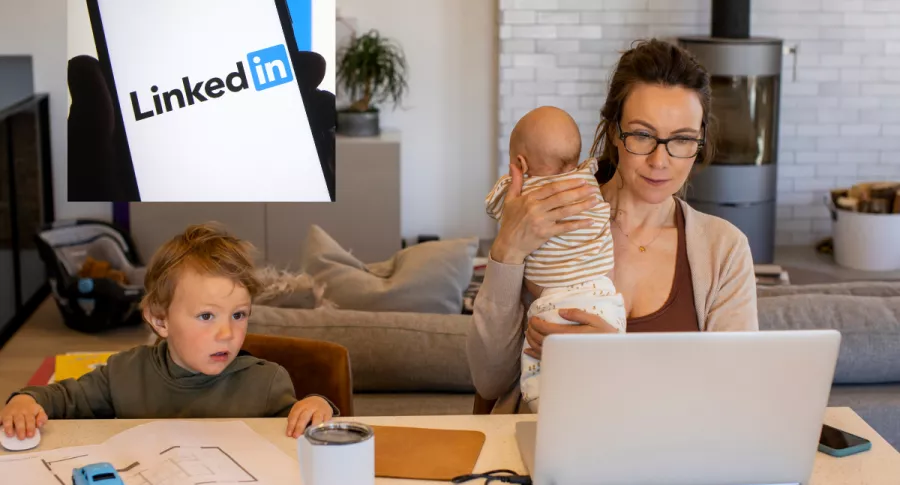 LinkedIn agrega 'ama de casa' y otros títulos parecidos a su red, foto ilustrativa de madre cuidando a sus hijos mientras trabaja y  logo de linkedIn