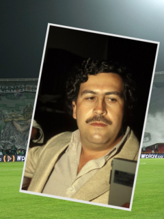 Pablo Escobar y estadio de fútbol con pancartas de Atlético Nacional, a propósito de que Juan Pablo Escobar, hijo del narcotraficante, dijo si su papá era el dueño de ese y otros equipos colombianos.