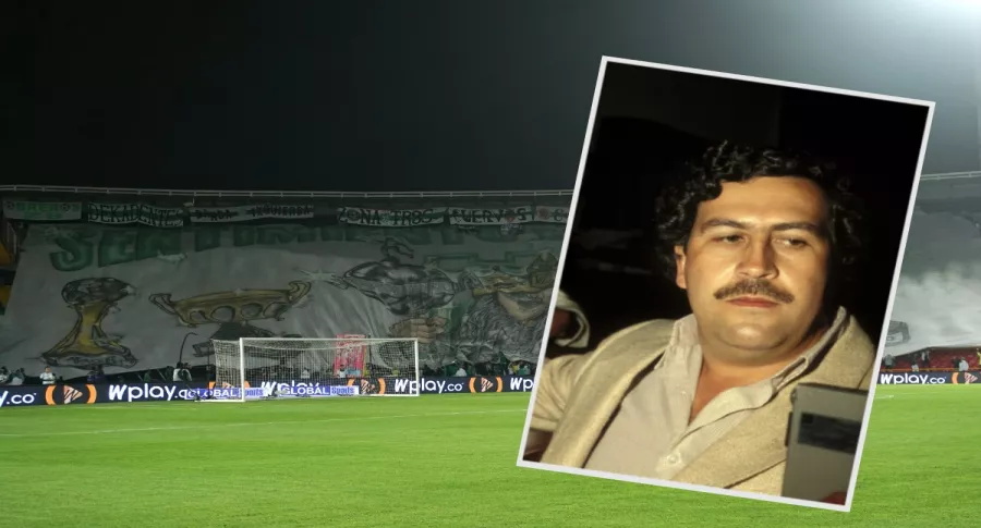 Pablo Escobar y estadio de fútbol con pancartas de Atlético Nacional, a propósito de que Juan Pablo Escobar, hijo del narcotraficante, dijo si su papá era el dueño de ese y otros equipos colombianos.