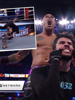 Luchador Damian Priest y cantante Bad Bunny en WWE WrestleMania 37 luego de su victoria en su pelea en el Raymond James Stadium de Tampa, Florida, el 10 de abril de 2021.