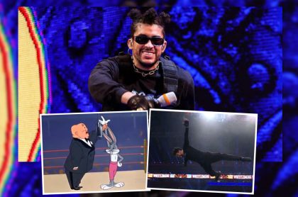 Montaje con imágenes de Bad Bunny en su pelea en WWE WrestleMania 37 y de los memes que usuarios de Twitter compartieron luego de ese combate de lucha libre.