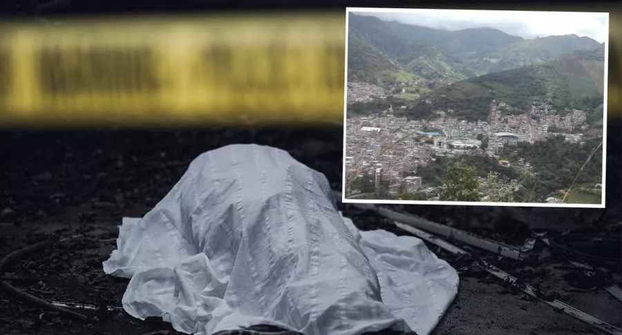 Montaje con imagen de referencia de un cadáver en el suelo detrás de una cinta de acordonamiento y foto de Samaniego, Nariño (recuadro), donde 4 personas fueron asesinadas en una aparente nueva masacre en Colombia.