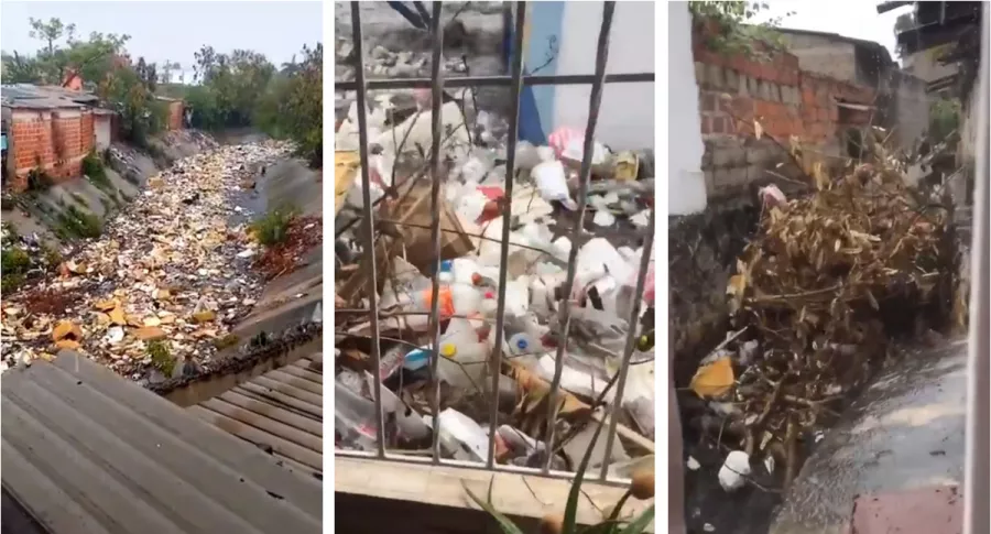 Capturas de pantalla de videos de Twitter sobre toneladas de basura en arroyo Don Juan, que dejaron a Barranquilla sin agua.