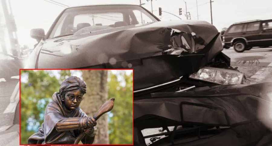 Estatua de Harry Potter y carro accidentado, ilustra nota de Mujer en EEUU que atropelló a peatones y cuando la arrestaron dijo ser Harry Potter
