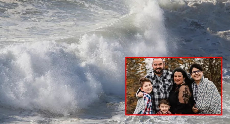 Ola en playa y foto de familia Graham, ilustra nota de Padre de familia se sacrifica y muere por salvar la vida de sus 2 hijos, en EEUU