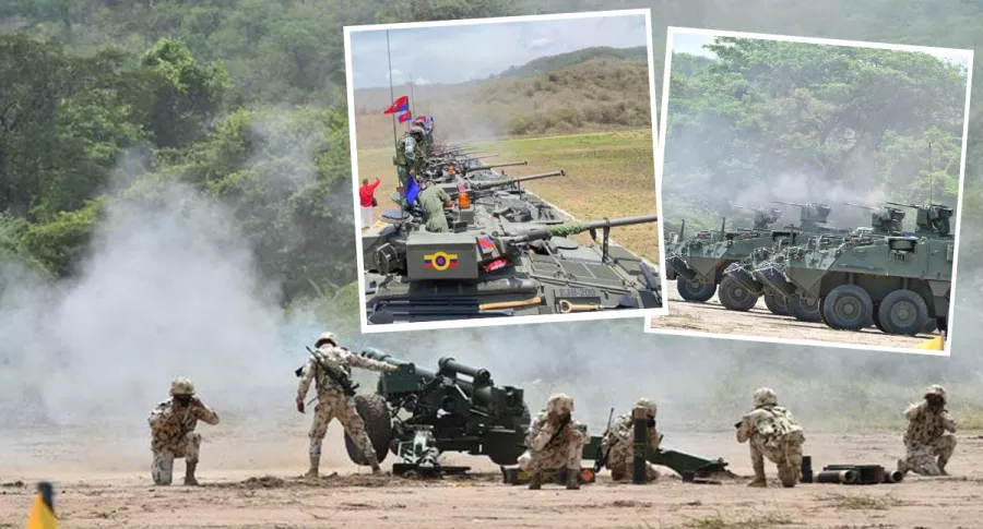 Fotos tomadas de Twitter sobre exhibición militar de Colombia, en La Guajira, y Venezuela, en el estado Apure. Ilustra nota sobre ejercicios militares de Colombia y Venezuela en zonas de frontera el 17 de abril de 2021.