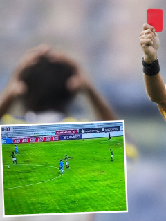 Montaje con imágenes de árbitro de fútbol sacándole una tarjeta roja a un futbolista y captura de pantalla del juego Macará 1-0 Orense, de la Liga de Fútbol Ecuador, donde el arquero argentino Jorge Joaquín Pucheta fue expulsado por orinar en la cancha.