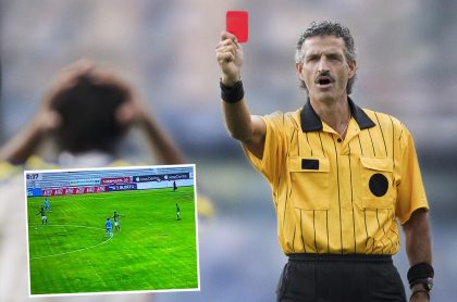 Montaje con imágenes de árbitro de fútbol sacándole una tarjeta roja a un futbolista y captura de pantalla del juego Macará 1-0 Orense, de la Liga de Fútbol Ecuador, donde el arquero argentino Jorge Joaquín Pucheta fue expulsado por orinar en la cancha.