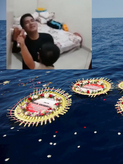Coronas de flores con los nombres de la tripulación a bordo del submarino de la Armada indonesia y captura de pantalla de video de bebé que ruega a su papá no ir a submarino