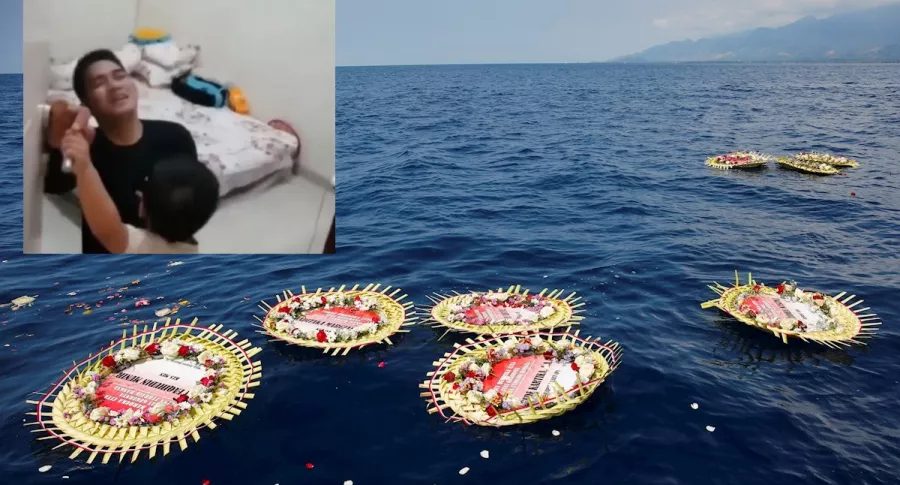 Coronas de flores con los nombres de la tripulación a bordo del submarino de la Armada indonesia y captura de pantalla de video de bebé que ruega a su papá no ir a submarino