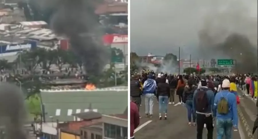 Protestas en Canal RCN durante el paro nacional con quema de llantas y pelea con el Esmad