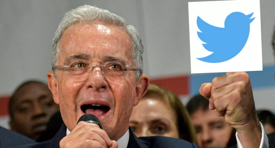 Montaje con foto de archivo de Álvaro Uribe, expresidente de Colombia, tomada el 8 de octubre de 2019 y logo de Twitter. Ilustra nota sobre el mensaje de desahogo de Uribe contra la red social, luego de que esta eliminara uno de sus tuits durante el paro nacional.