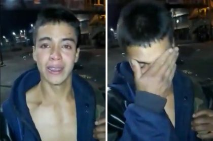 Joven en Facatativá llorando al denunciar que Esmad le robó su sueldo y el celular durante protestas