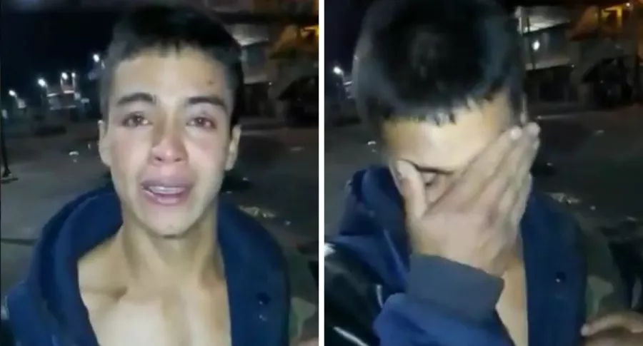 Joven en Facatativá llorando al denunciar que Esmad le robó su sueldo y el celular durante protestas