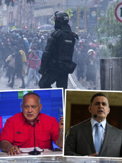 Montaje con foto de agentes del Esmad en protestas del paro nacional en Bogotá junto a fotos de Diosdado Cabello (recuadro izquierdo) y Tarek Saab (recuadro derecho). Ilustra nota sobre el pronunciamiento del número dos del chavismo y el fiscal general de Venezuela sobre las protestas en Colombia y su pregunta por la OEA y la ONU.