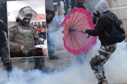 Imagen del policía del Esmad que sacó pañuelo blanco en Facatativá para pedir paz en las protestas del paro nacional