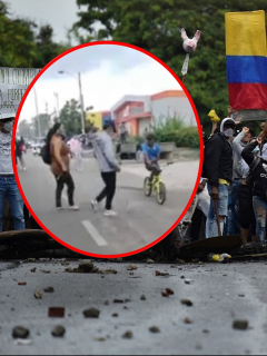 Imagen de mamá sacando a su hijo de protestas y de manifestantes en Colombia
