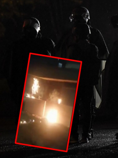 Imágenes que ilustran el incendio de un CAI en Bogotá
