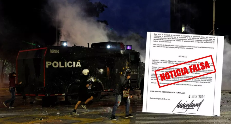 Protestas en Bogotá y documento falso iustran nota sobre que el Gobierno desmintió que haya decretado la conmoción interior