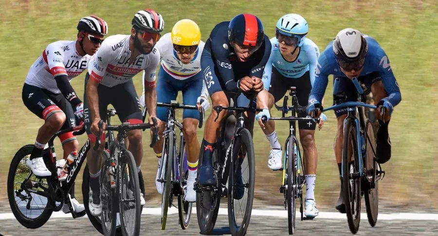 Egan Bernal (centro), Fernando Gaviria, Harold Tejada, Éiner Rubio, Daniel Felipe Martínez y Juan Sebastián Molano, a propósito de datos sobre ellos y sus bicicletas en el Giro de Italia 2021 (fotomontaje Pulzo).