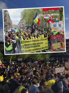 Montaje con fotos de colombianos y ‘chalecos amarillos’ marchando y protestando contra el Gobierno de Iván Duque en la Plaza de la República, de París, Francia. Ilustra nota sobre marchas de ‘chalecos amarillos’ en París este 8 de mayo de 2021, en el marco del paro nacional de Colombia.