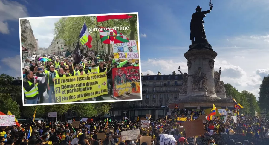 Montaje con fotos de colombianos y ‘chalecos amarillos’ marchando y protestando contra el Gobierno de Iván Duque en la Plaza de la República, de París, Francia. Ilustra nota sobre marchas de ‘chalecos amarillos’ en París este 8 de mayo de 2021, en el marco del paro nacional de Colombia.