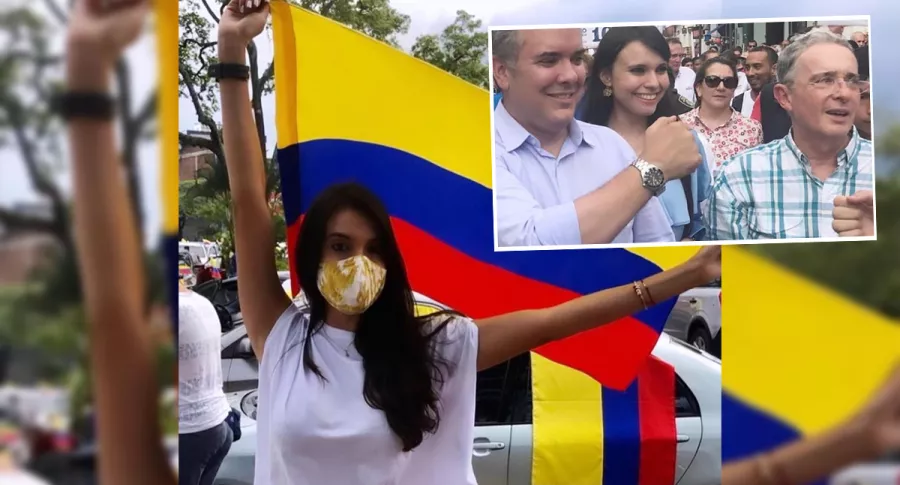 Montaje con fotos de Instagram de Natalia Bedoya con la bandera de Colombia y junto a Iván Duque y Álvaro Uribe (recuadro). Ilustra nota sobre la amenaza de la tuitera con dejar el Centro Democrático si Duque no va a Cali.