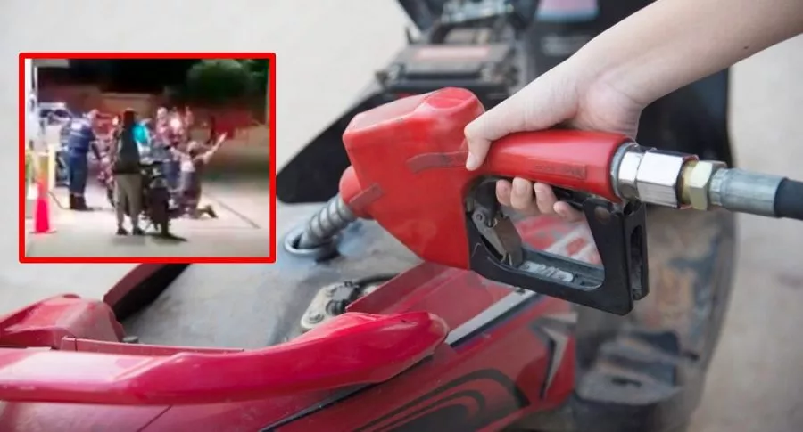 Hombre en Cali que celebró de rodillas que por fin pudo echarle gasolina a su moto