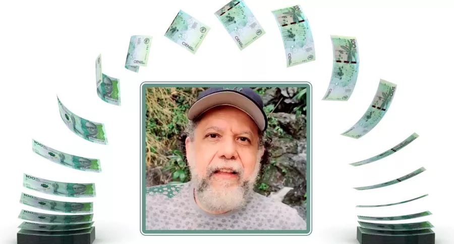 Alberto Linero en el centro de billetes de 100 mil pesos colombianos, a propósito de que deseó la plata del Baloto cuando Néstor Morales, de Blu Radio, dijo que era un encarte.