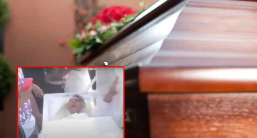 Ataúd y captura de pantalla de video de mujer que organizó su funeral y obligó a sus amigos a que la lloraran