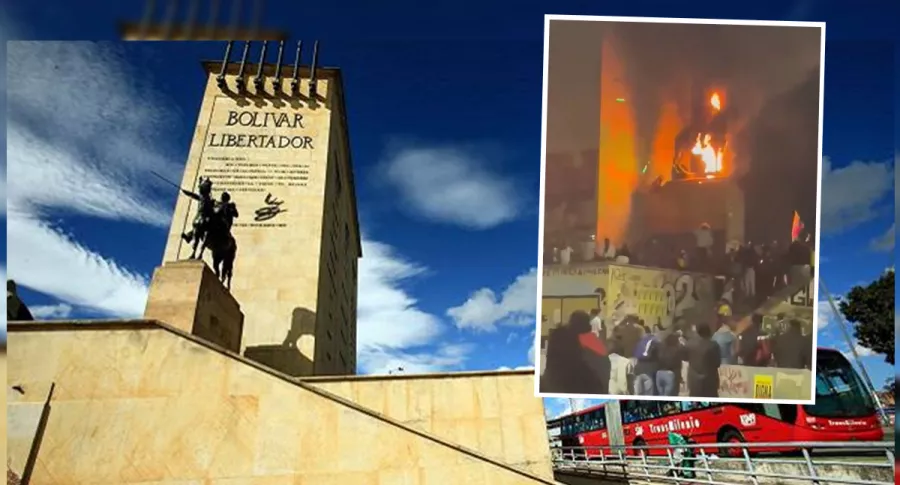 Montaje con foto de archivo del Monumento a Los Héroes, en Bogotá, e imagen de estatua de Simón Bolívar (recuadro) envuelta en llamas luego de que vándalos le prendieran fuego durante protestas del paro nacional.