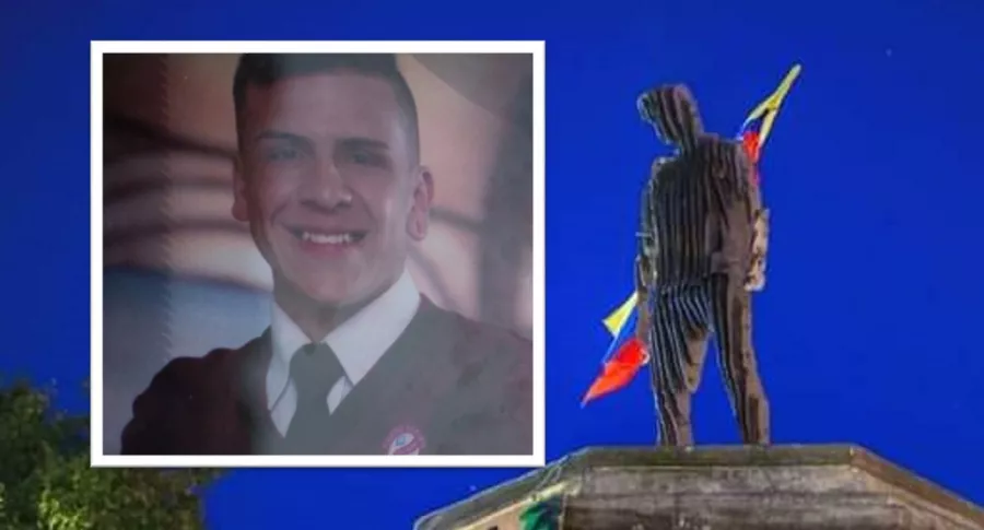 Foto de Dilan Cruz y estatua de él que pusieron donde estaba la de Gonzalo Jiménez de Quesada 