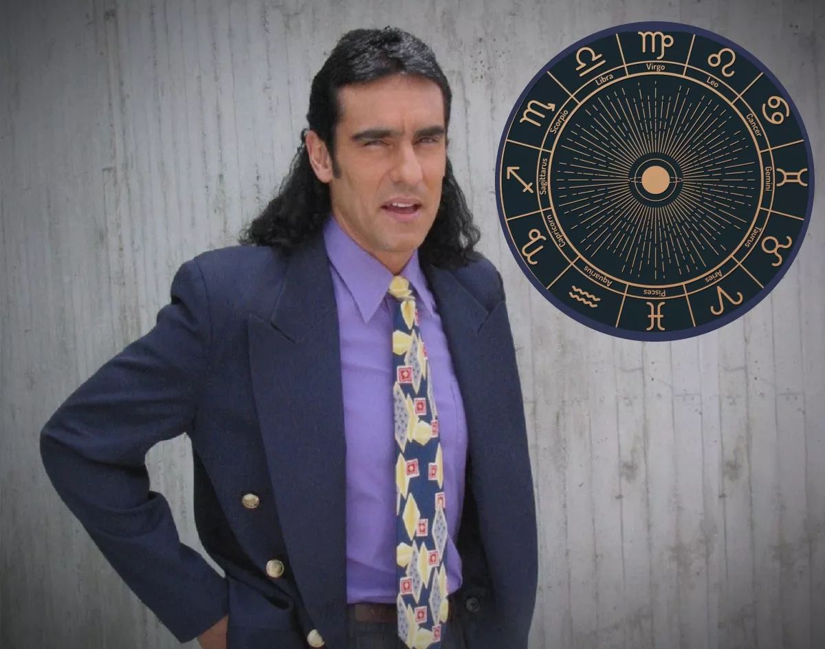 Círculo de los signos zodiacales y Miguel Varoni como 'Pedro, el escamoso', a propósito de que su signo está entre los signos más impulsivos y la explicación de por qué (fotomontaje Pulzo).