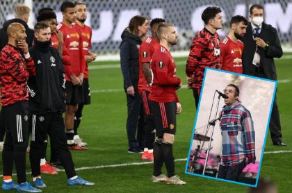 Imágenes que ilustran la mofa de Liam Gallagher después de que el Manchester United perdió la Liga de Europa.