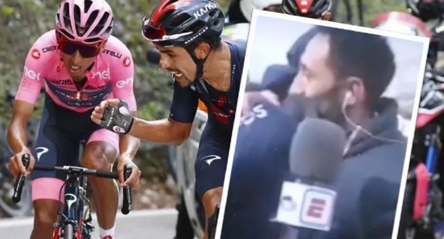 Juan Charry, periodista de ESPN, abrazó a Daniel Felipe Martínez por ayudar a Egan Bernal en el Giro de Italia 2021.