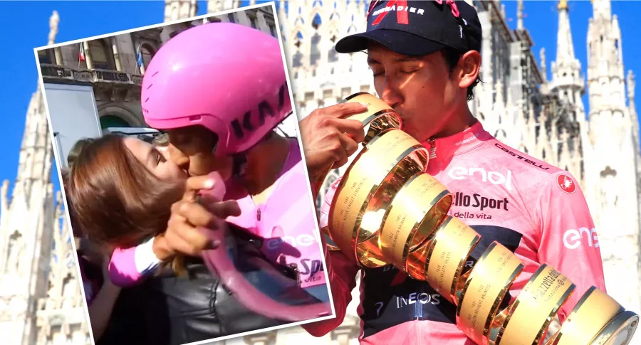 Egan Bernal besó más a su novia que al trofeo del Giro de Italia. Fotomontaje: Pulzo.