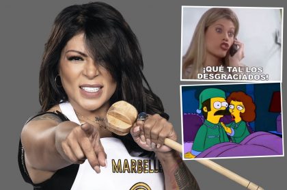 Montaje con foto de la cantante y actriz Marbelle junto a imágenes de Lorna Cepeda (recuadro superior derecho) en ‘Yo soy Betty, la fea’ y ‘Ned Flanders’ en ‘Los Simpsons’ (recuadro inferior derecho). Ilustra nota sobre los memes del estreno de ‘Masterchef Celebrity’ 2021.
